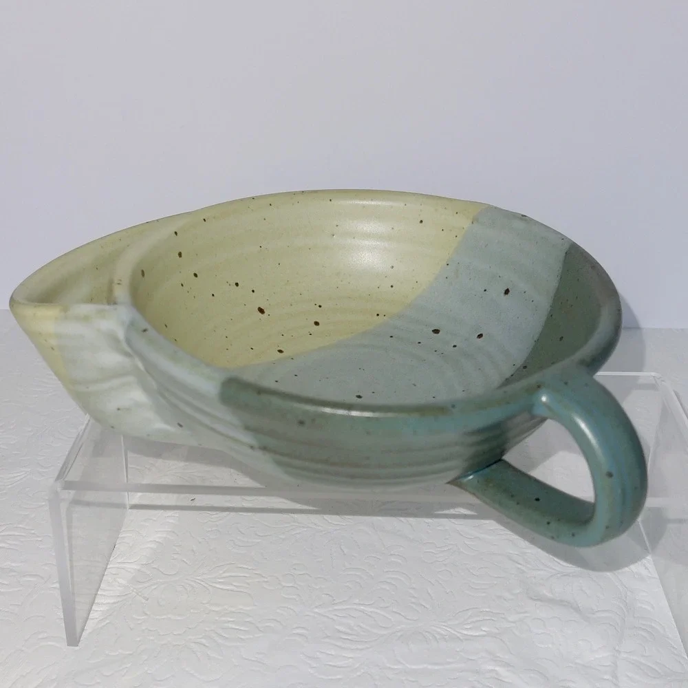 Studio Pottery Soup & Crackers Bowl Integrated Saucer Tray Speckled Blue Green